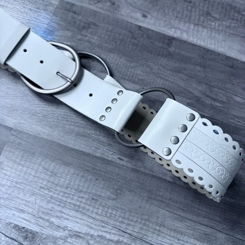 Y2K White Cutout O- Ring Belt Silver Hardware Wide Waist Cinch Cowgirl XXL